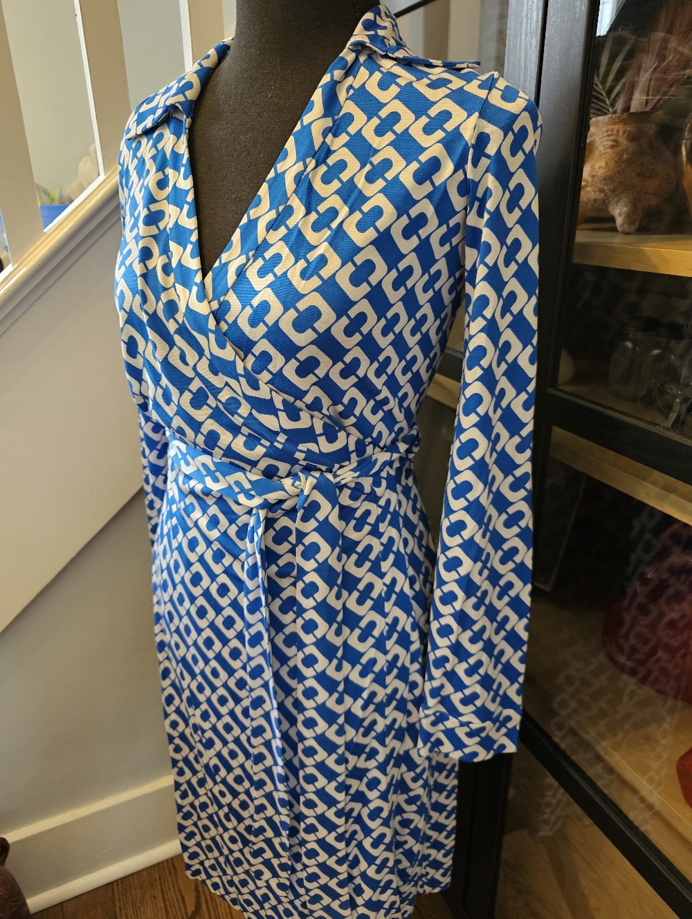 Diane Von Furstenberg Blue & White Geometric Wrap Dress - Picture 2 of 7